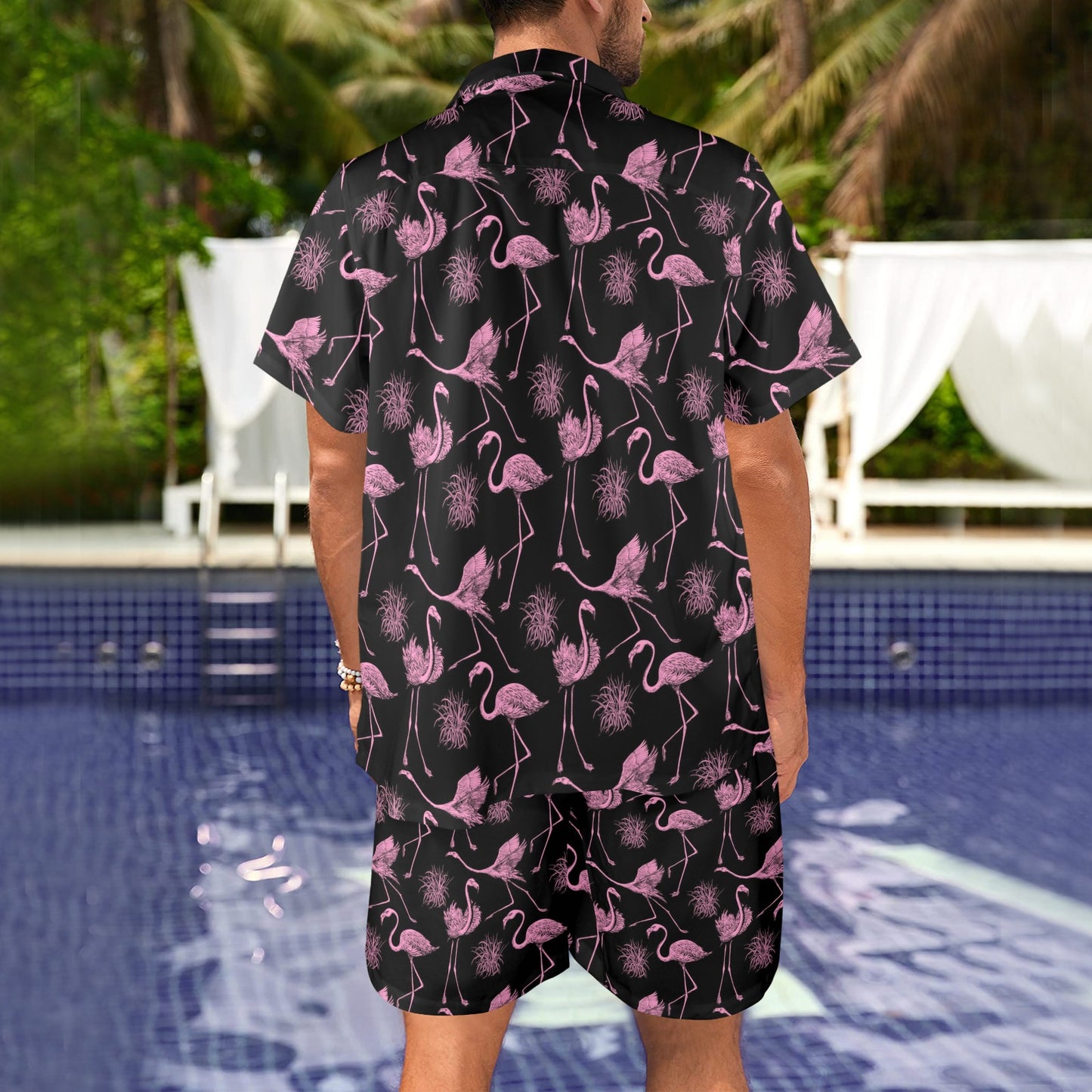 Flamingo Pink Print Pattern Men's Beach Shirt and Shorts Set