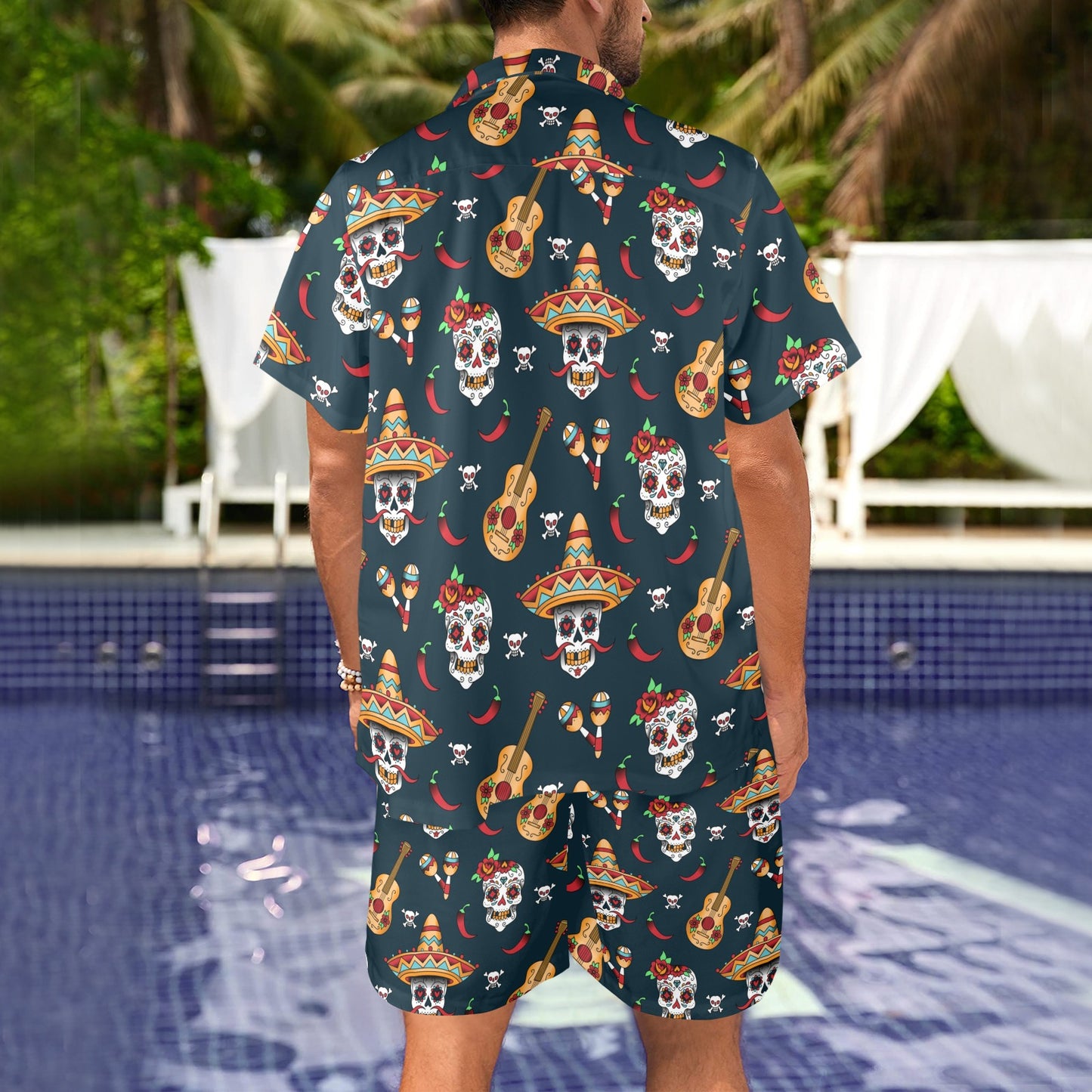 sugar skull Mexican Men's Beach Shirt and Shorts Set