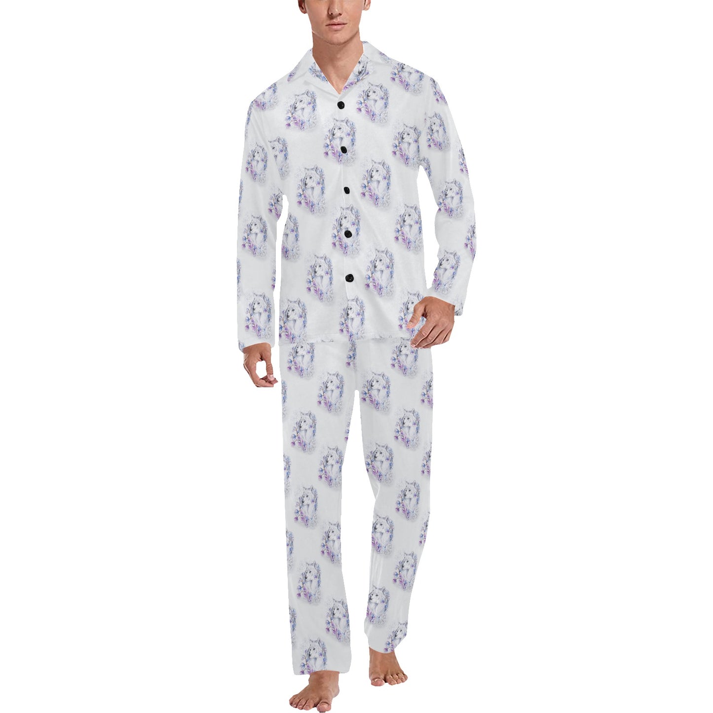 Wolf with Flower Print Design Men's Long Pajama Set