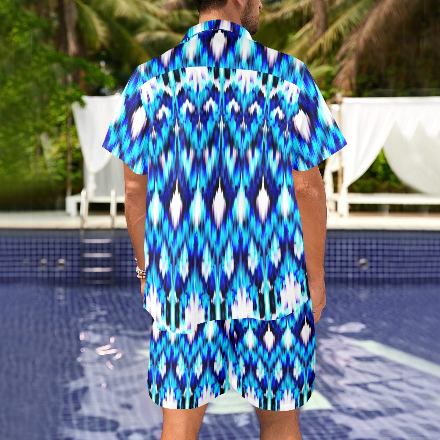 Ikat Blue Pattern Print Design 01 Men's Beach Shirt and Shorts Set