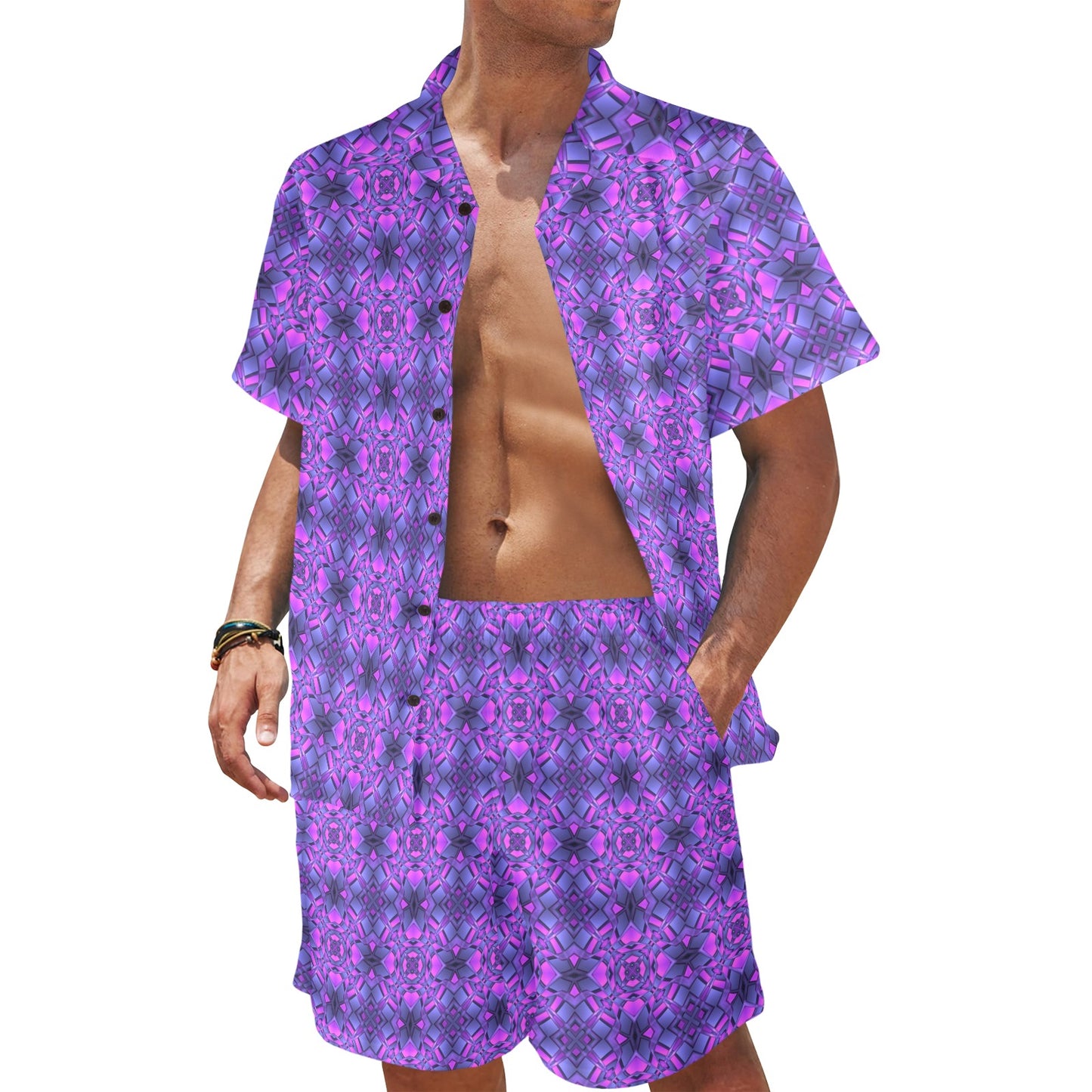 kaleidoscope Pattern Print Design Men's Beach Shirt and Shorts Set