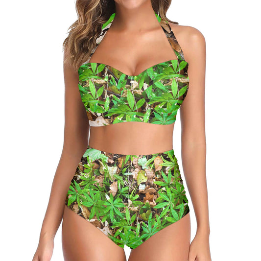 Camouflage Realistic Tree Fresh Print Halter Neck Bikini Swimsuit