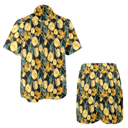 Elegant Yellow Tulip Print Men's Beach Shirt and Shorts Set