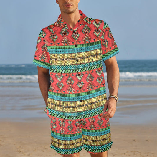 African Colorful Zigzag Print Pattern Men's Beach Shirt and Shorts Set