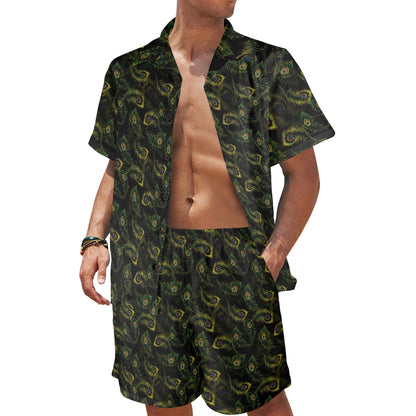 Peacock Feather Pattern Design Print Men's Beach Shirt and Shorts Set