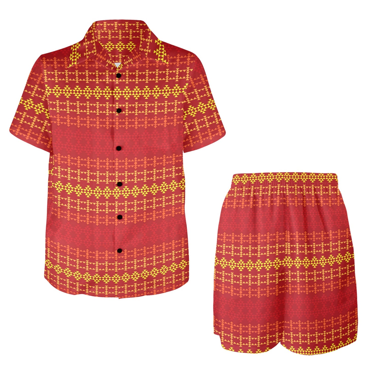 Southwest Red Gold Design Themed Print Men's Beach Shirt and Shorts Set