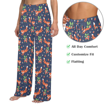 Fox Strawberry Print Pattern Women's Wide Leg Lounge Pants