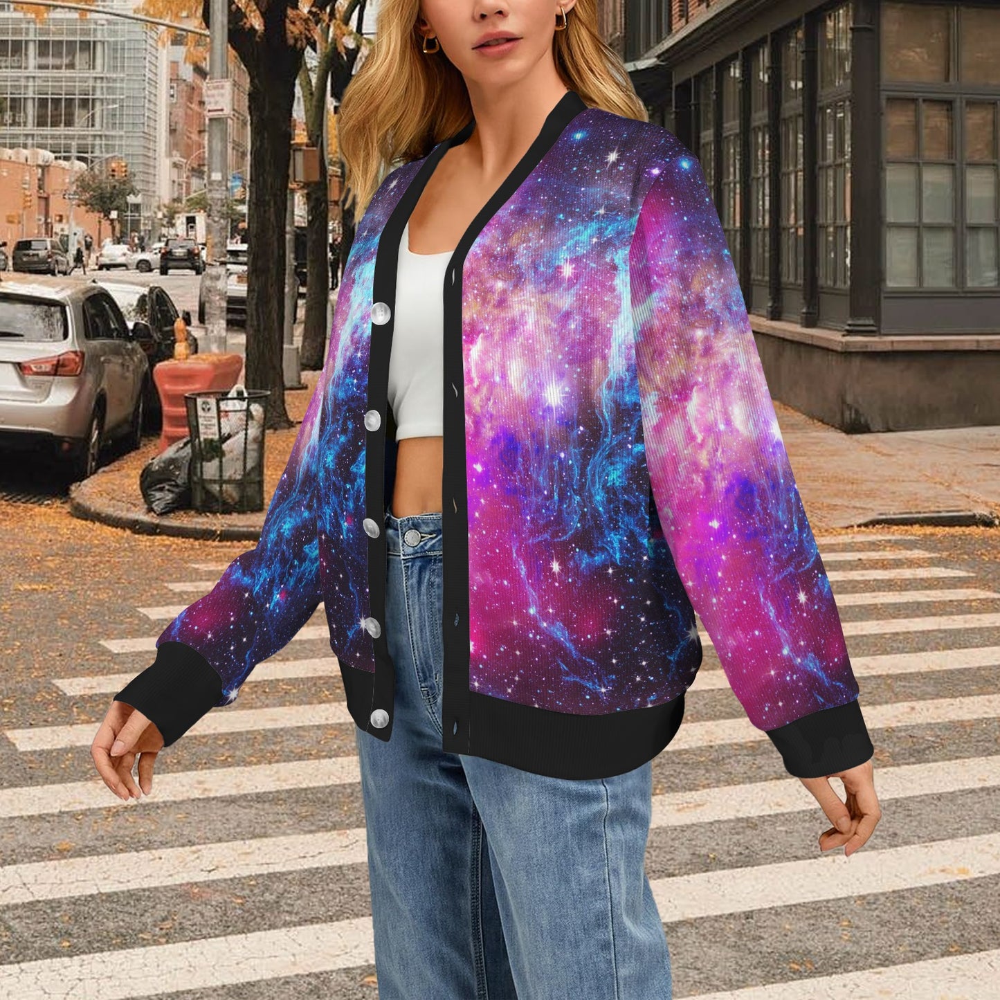 Galaxy Night Purple Space Print Women's Cardigan