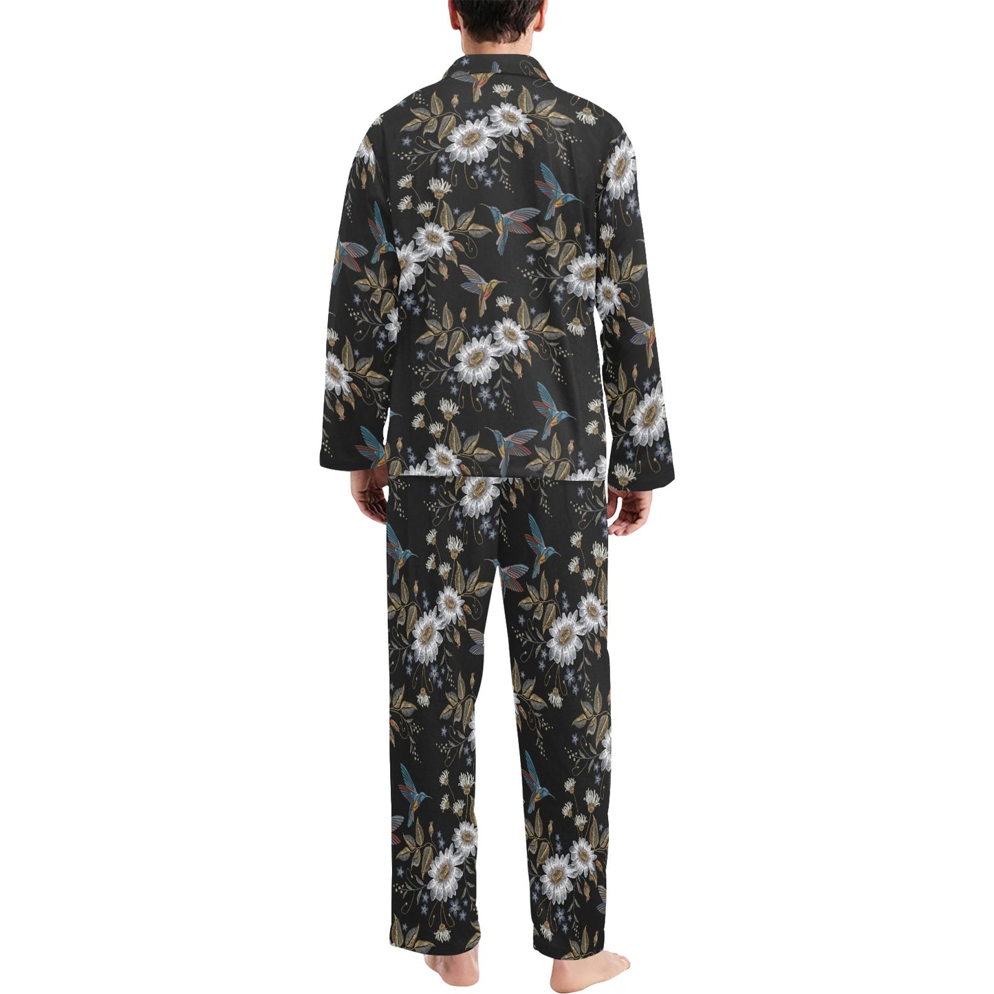 Hummingbird with Embroidery Themed Print Men's Long Pajama Set