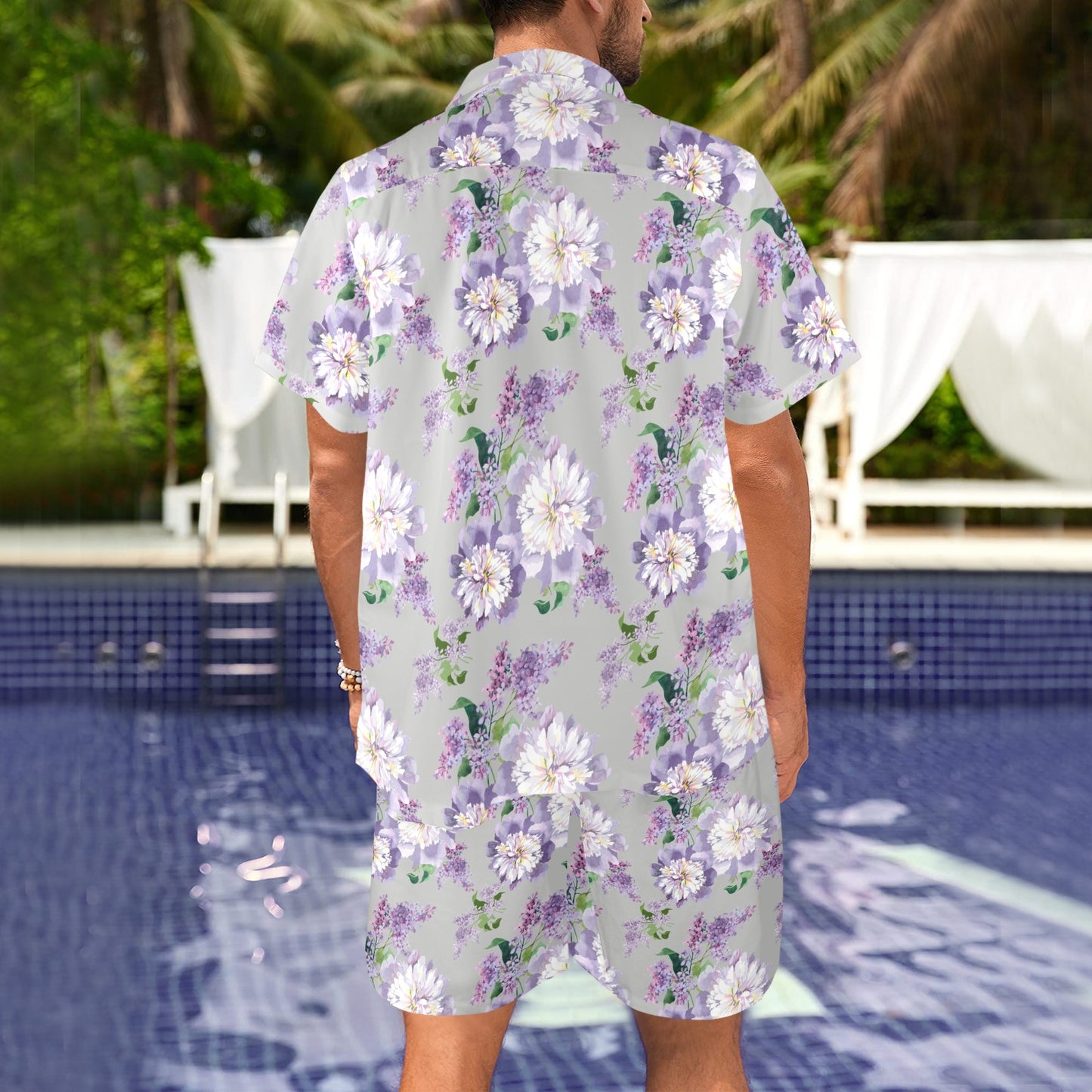 Lilac Pattern Print Design LI07 Men's Beach Shirt and Shorts Set