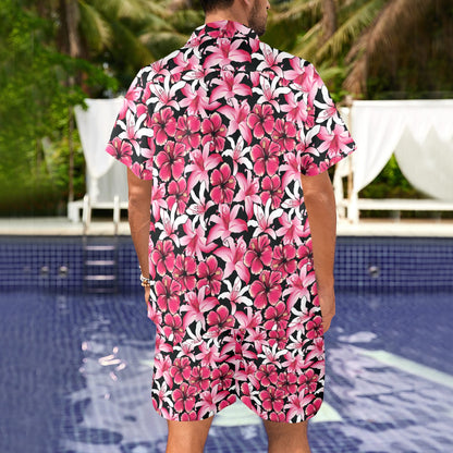 Flower Hawaiian Pink Red Hibiscus Print Men's Beach Shirt and Shorts Set