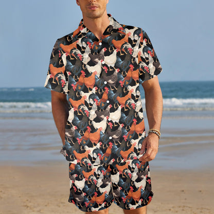 Chicken Print Pattern Men's Beach Shirt and Shorts Set