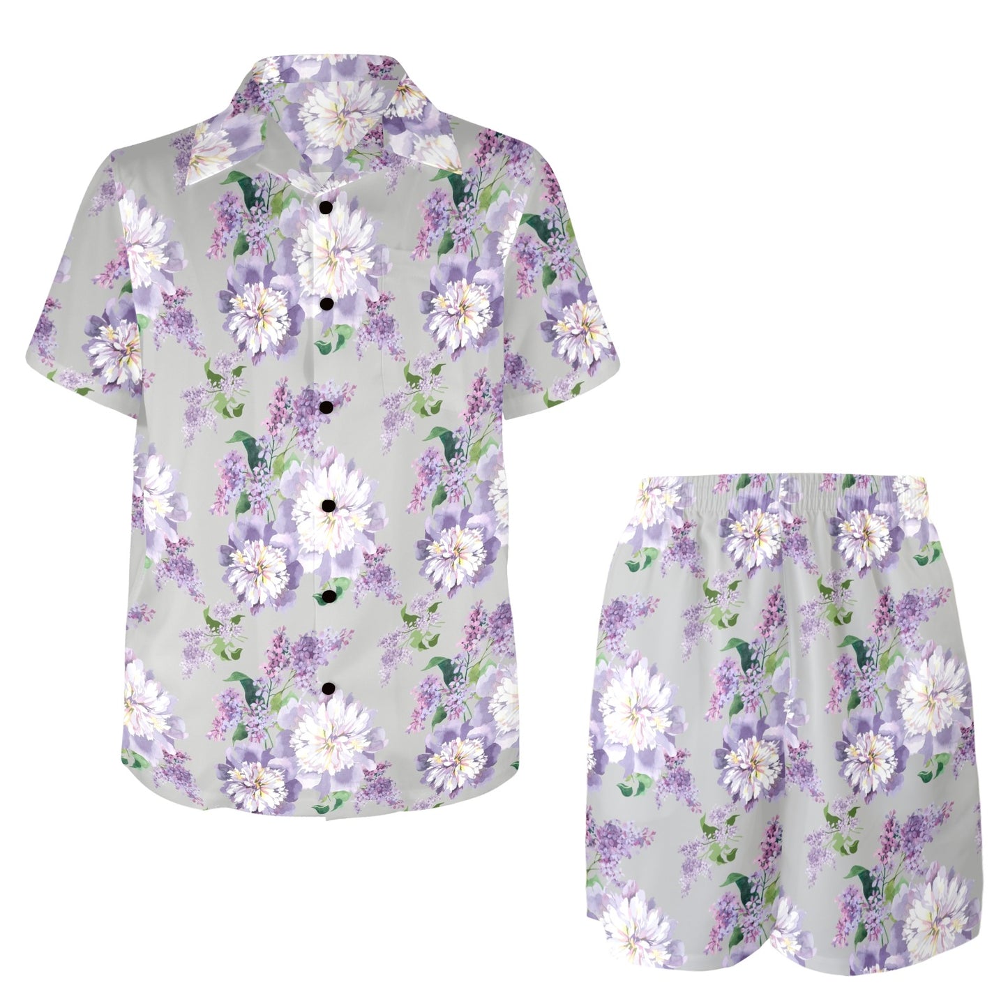 Lilac Pattern Print Design LI07 Men's Beach Shirt and Shorts Set