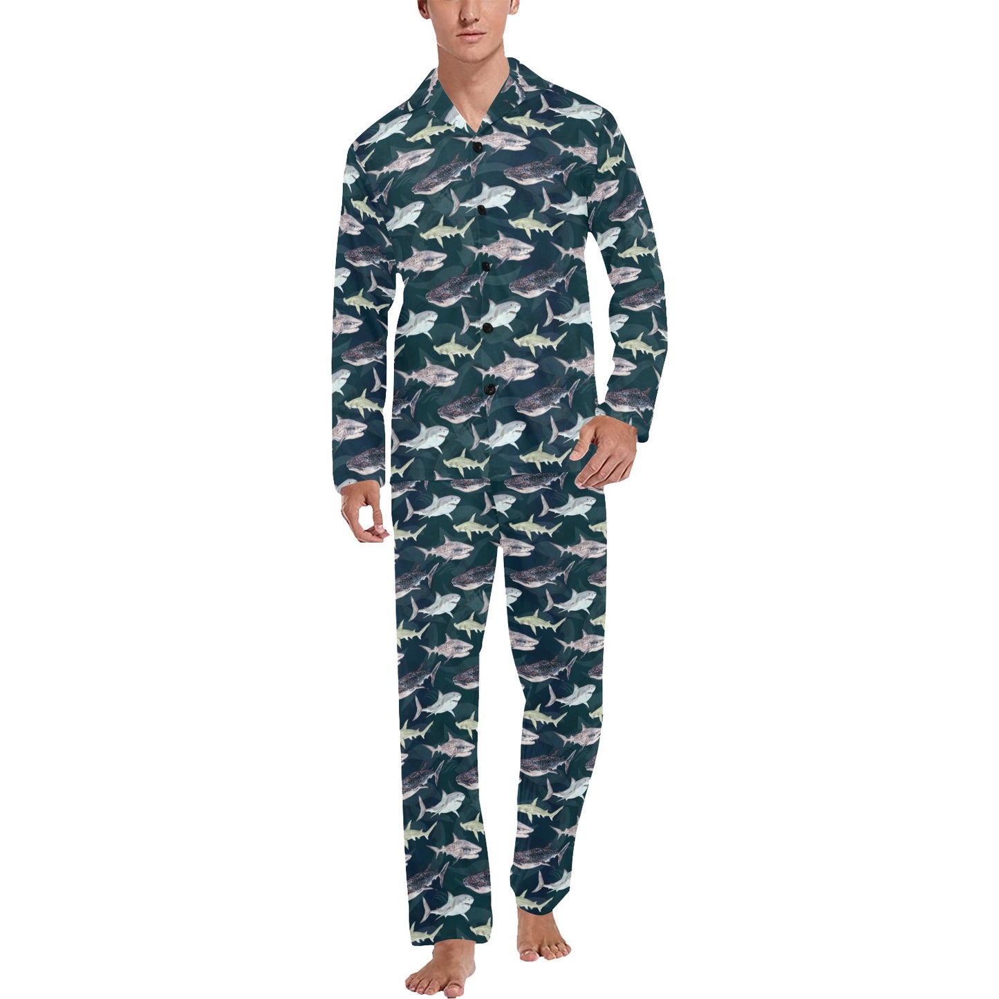 Shark Pattern Print Men's Long Pajama Set