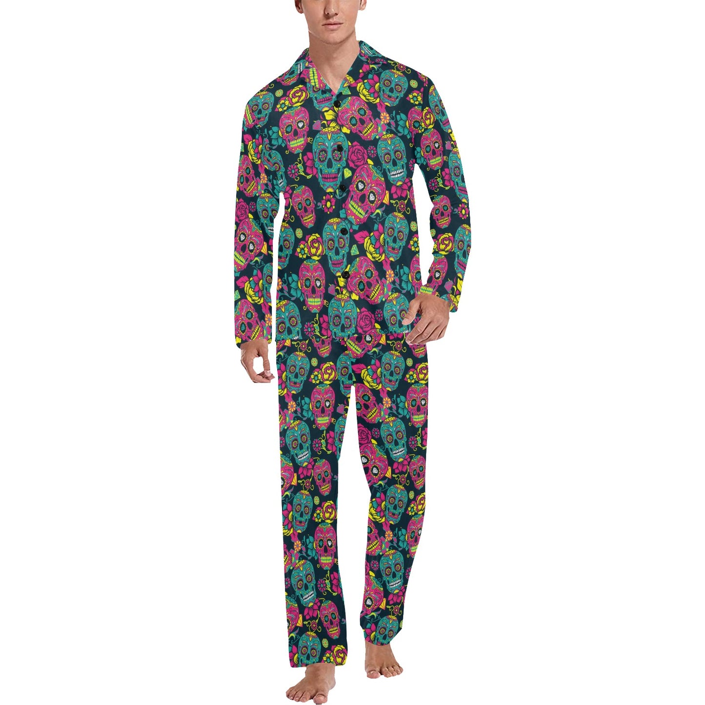 Sugar Skull Floral Design Themed Print Men's Long Pajama Set