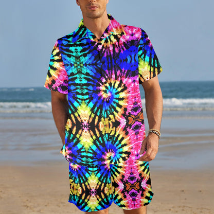 Tie Dye Rainbow Design Print Men's Beach Shirt and Shorts Set