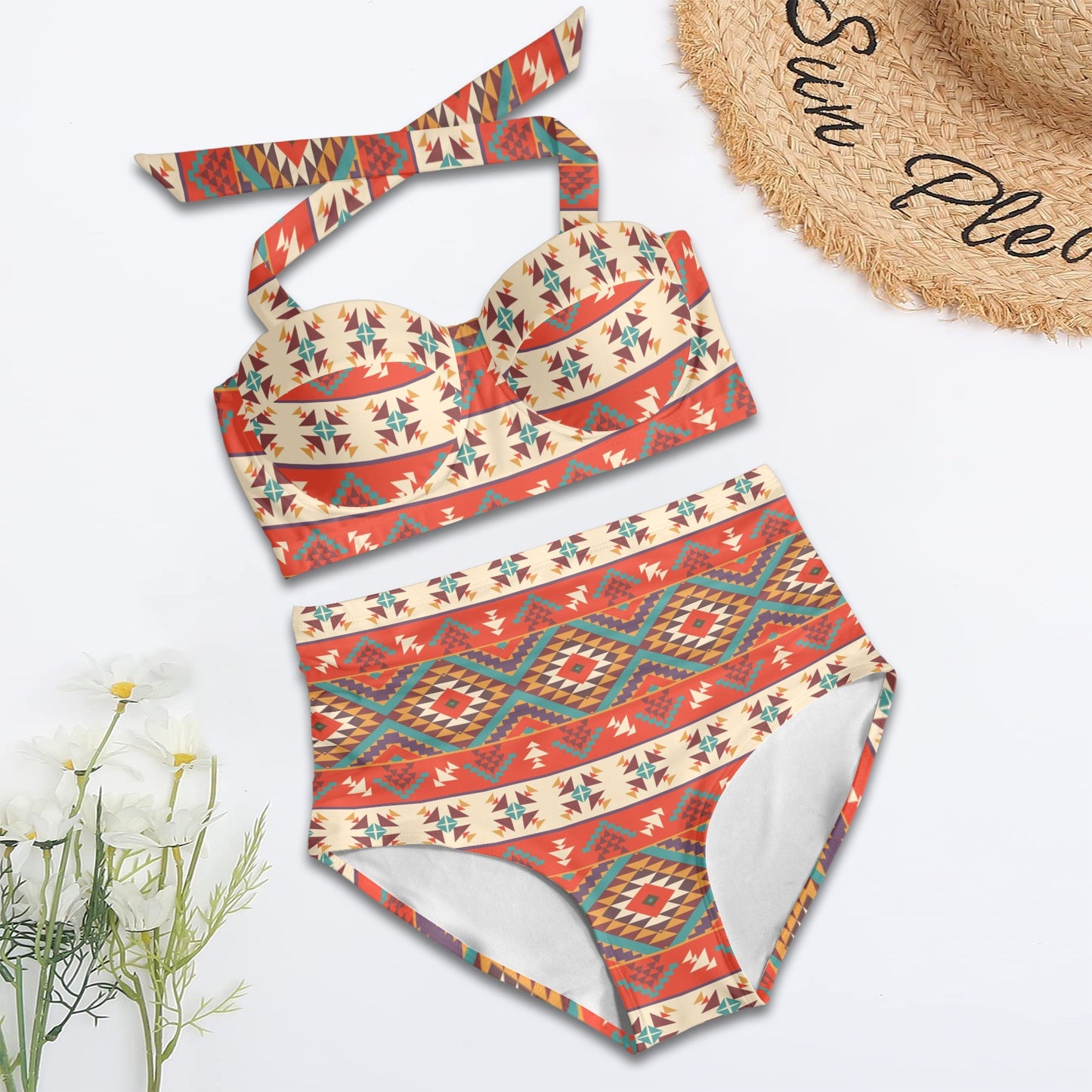 Aztec Red Print Pattern Halter Neck Bikini Swimsuit