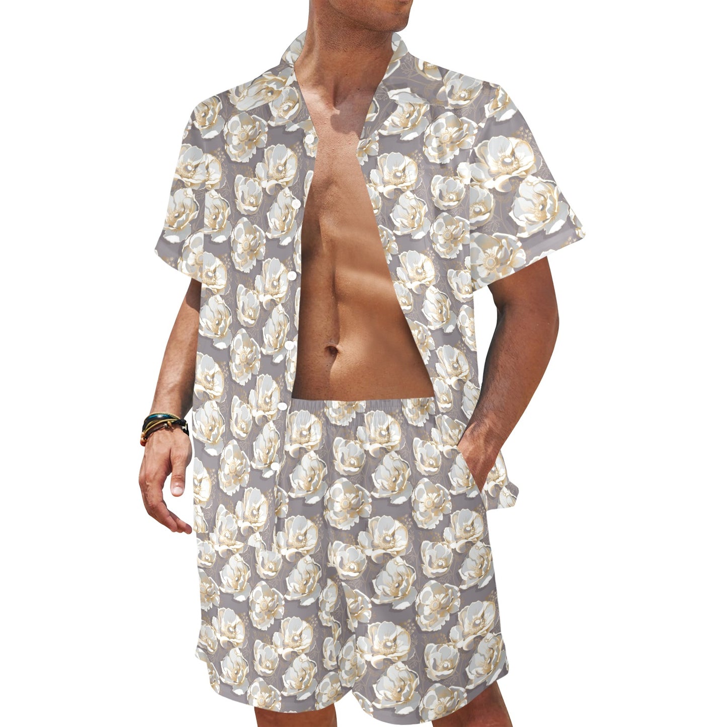 Elegant Grey Flower Print Men's Beach Shirt and Shorts Set