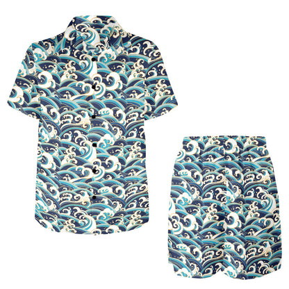 Surf Wave Pattern Men's Beach Shirt and Shorts Set