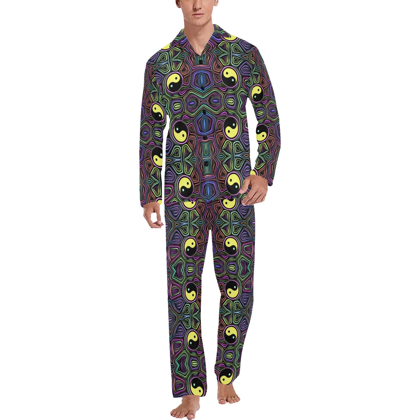 Yin Yang Neon Color Design Print Men's Long Pajama Set