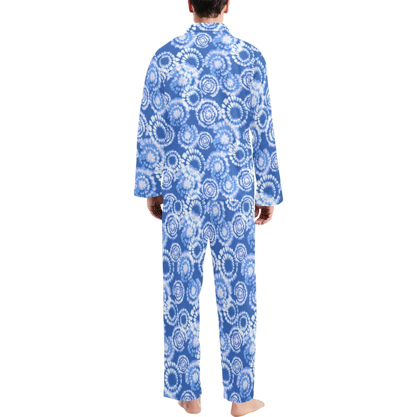 Tie Dye Blue Design Print Men's Long Pajama Set