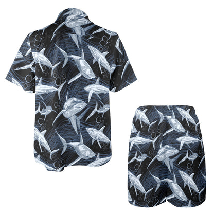 Shark Print Pattern Men's Beach Shirt and Shorts Set