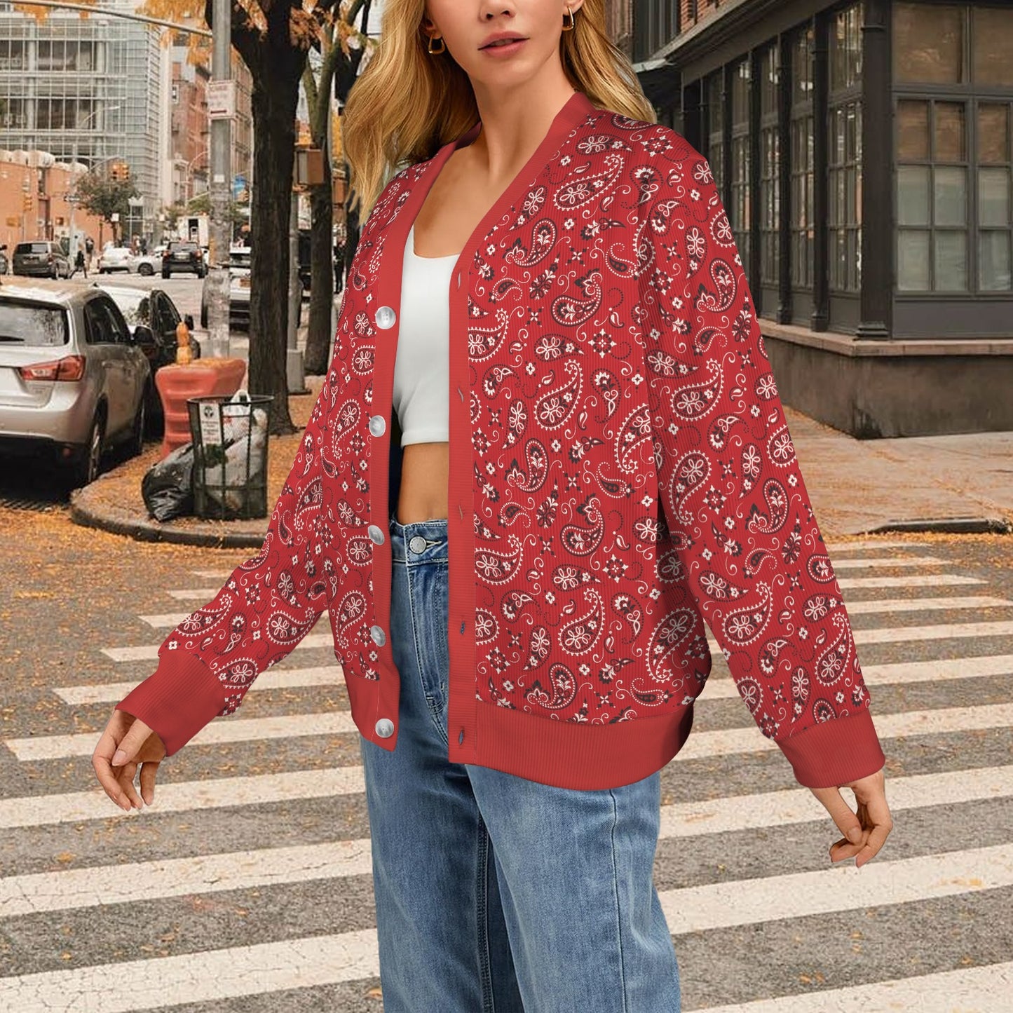 Bandana Paisley Red Print Design LKS3011 Women's Cardigan