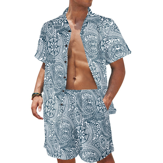 Samoan Pattern Print Design LKS306 Men's Beach Shirt and Shorts Set
