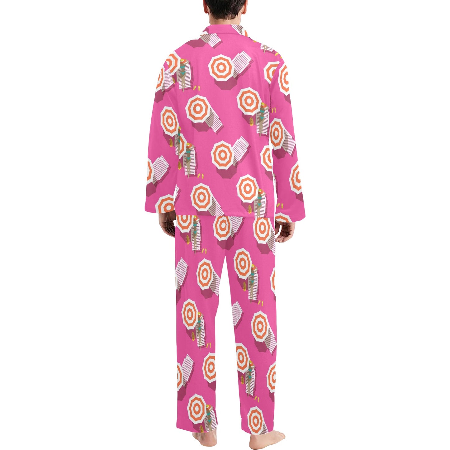 Beach Top View Umbrella Theme Men's Long Pajama Set