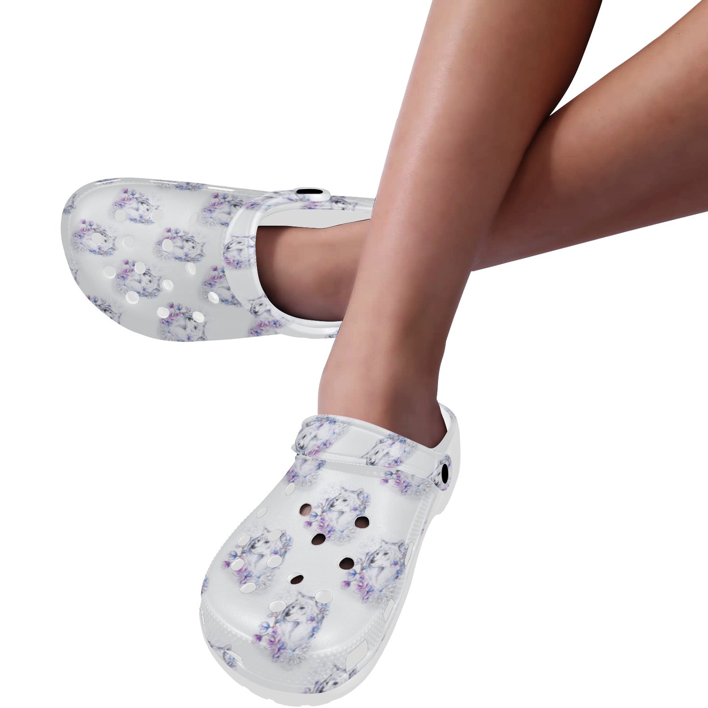 Wolf with Flower Print Design Unisex Clogs Shoes