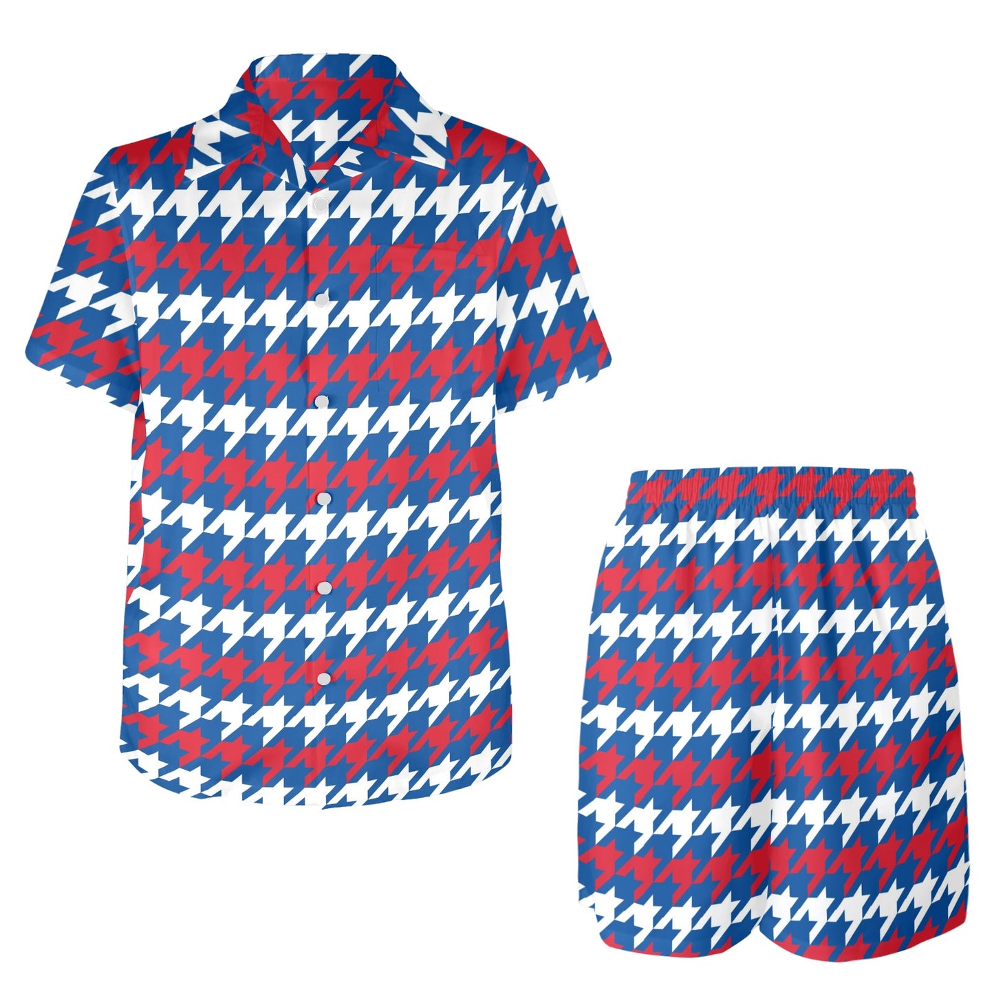 Patriotic Houndstooth Pattern Print Design A02 Men's Beach Shirt and Shorts Set