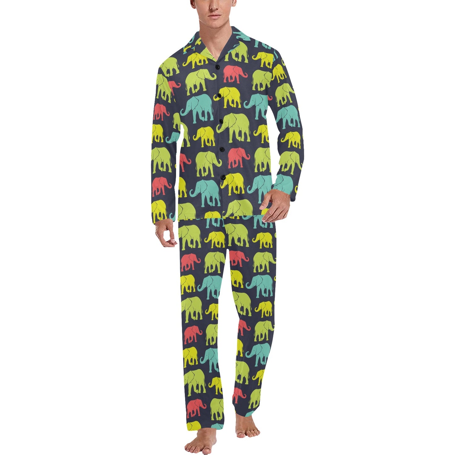 Elephant Neon Color Print Pattern Men's Long Pajama Set