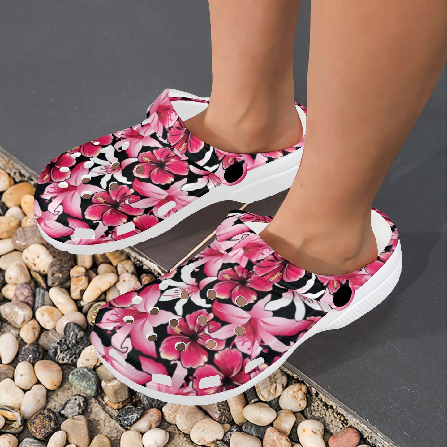 Flower Hawaiian Pink Red Hibiscus Print Unisex Clogs Shoes