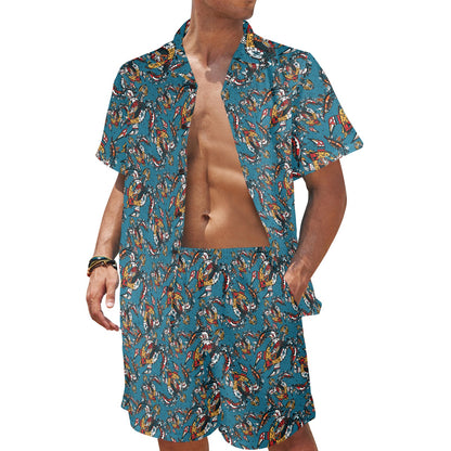 Sea Turtle Tribal Colorful Hand Drawn Men's Beach Shirt and Shorts Set