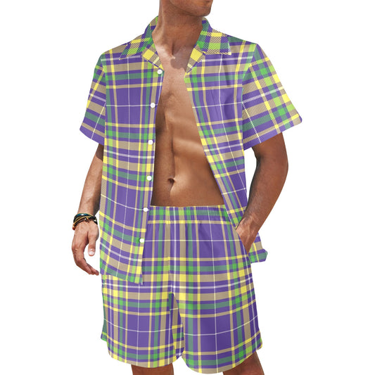 Mardi Gras Pattern Print Design 010 Men's Beach Shirt and Shorts Set