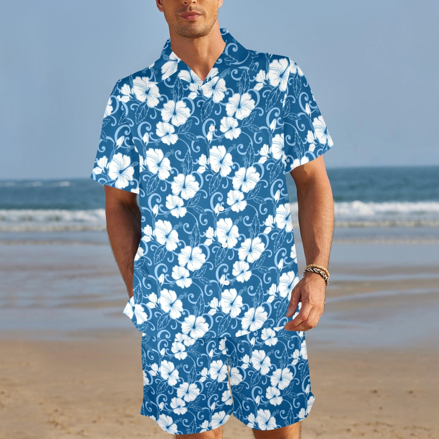 Hibiscus Blue Flower Hawaiian Print Men's Beach Shirt and Shorts Set