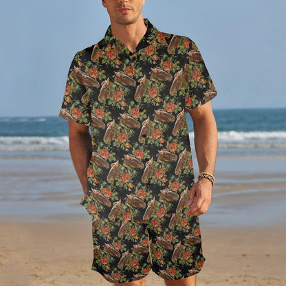 Horse Embroidery with Flower Design Men's Beach Shirt and Shorts Set
