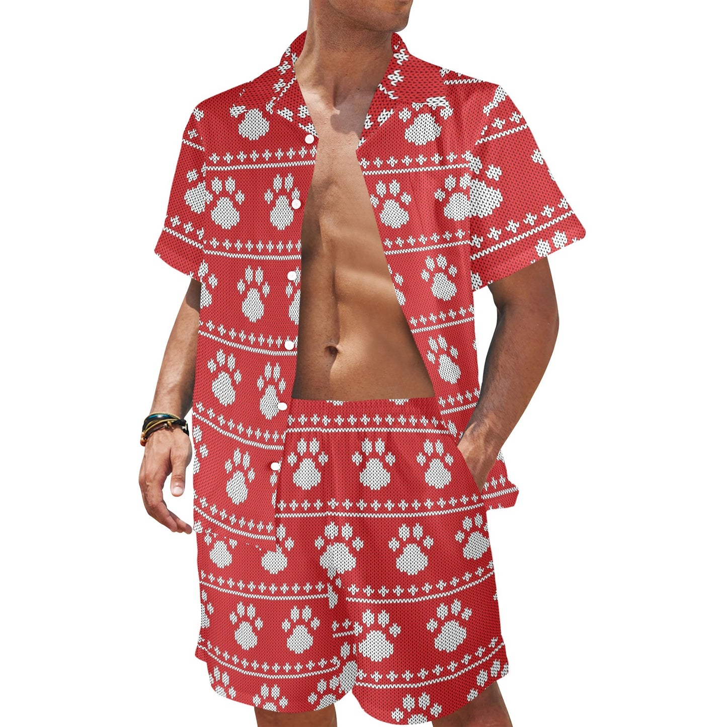 Knit Paw Pattern Print Design 03 Men's Beach Shirt and Shorts Set