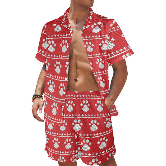 Knit Paw Pattern Print Design 03 Men's Beach Shirt and Shorts Set