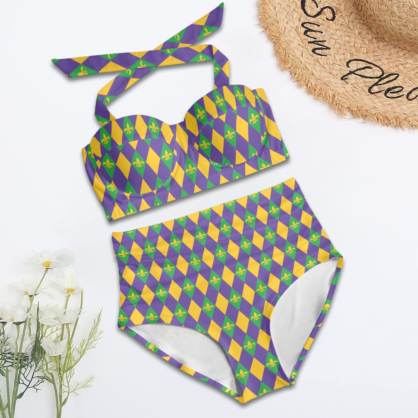 Mardi Gras Pattern Print Design 05 Halter Neck Bikini Swimsuit