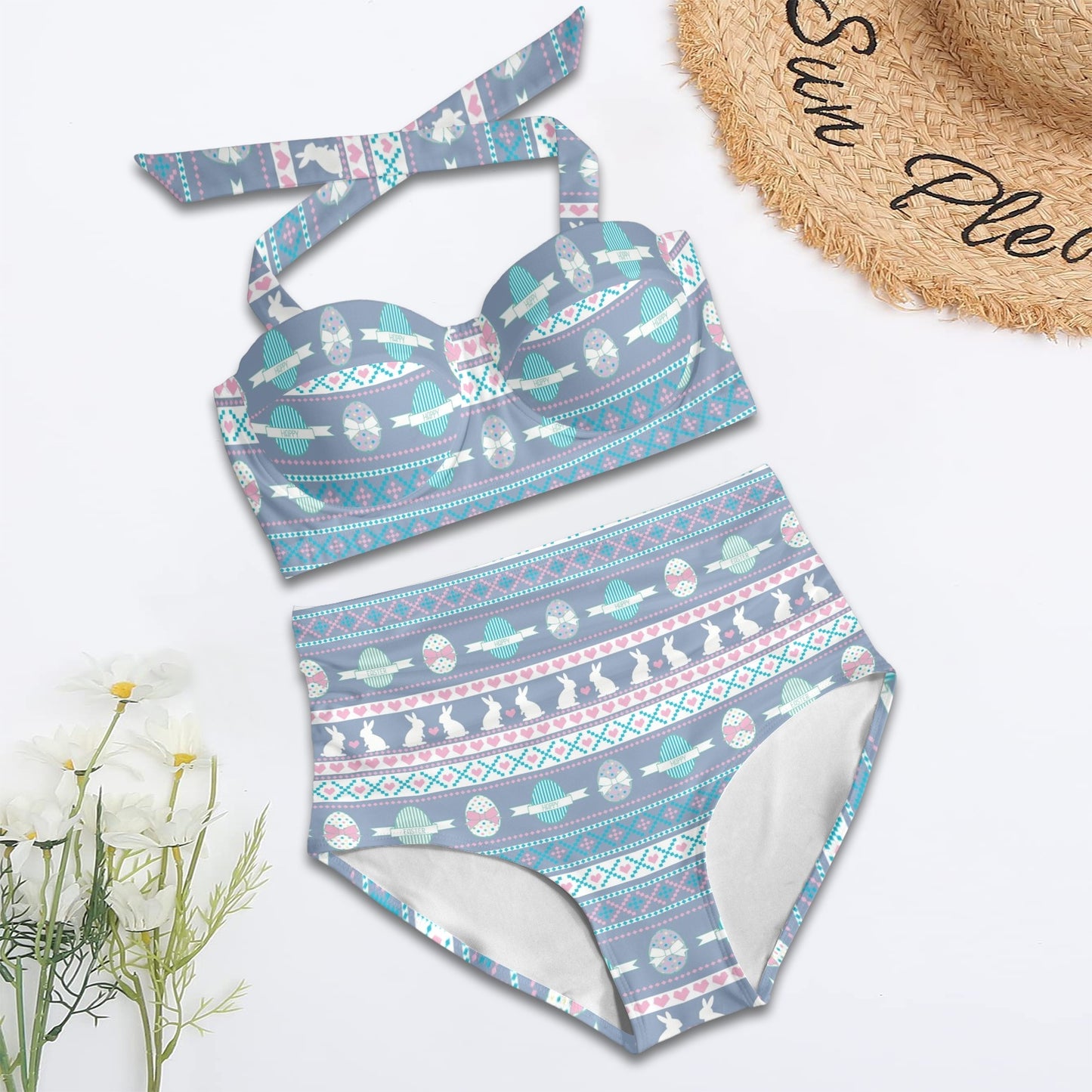 Easter Eggs Pattern Print Design RB013 Halter Neck Bikini Swimsuit