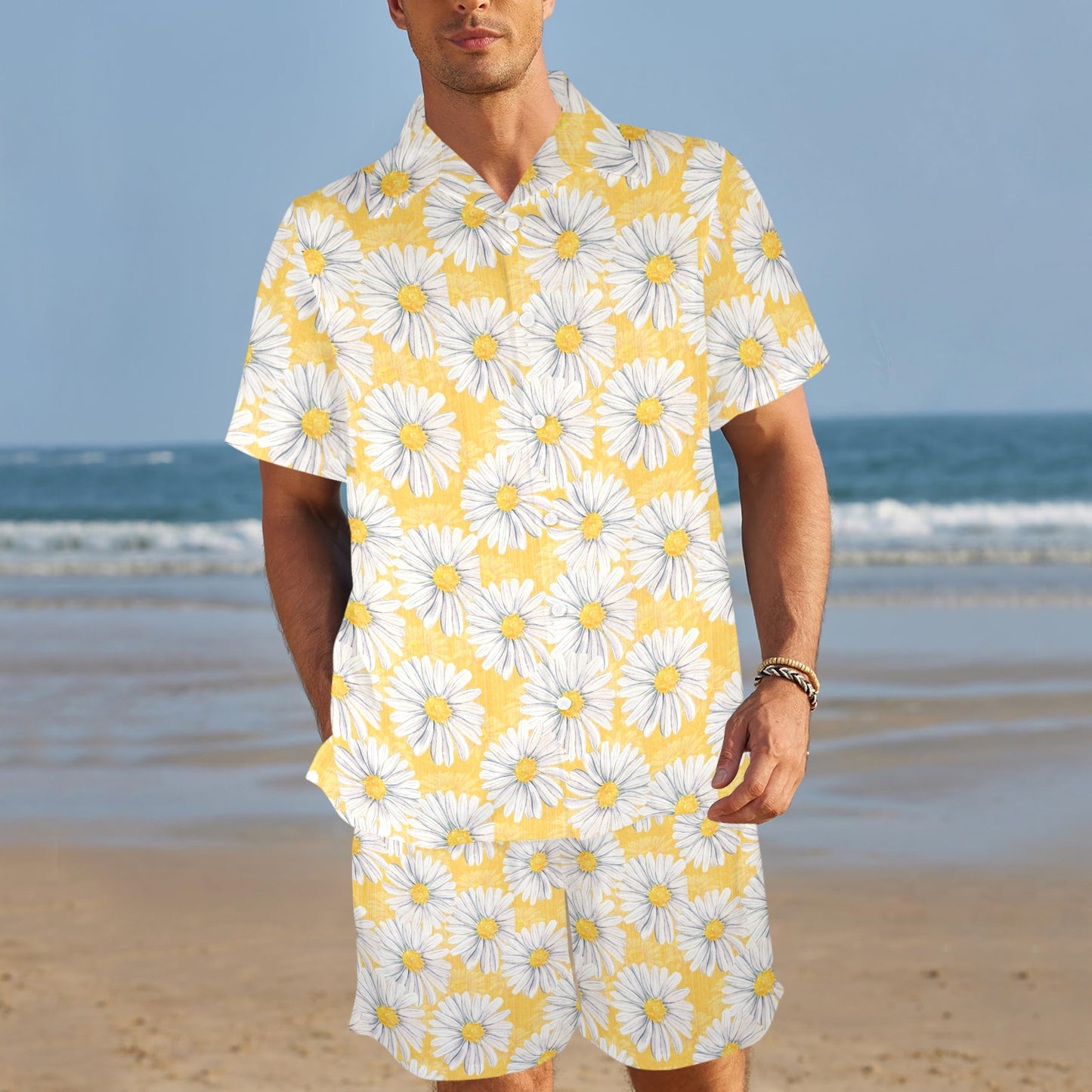 Daisy Yellow Watercolor Print Pattern Men's Beach Shirt and Shorts Set