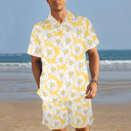 Daisy Yellow Watercolor Print Pattern Men's Beach Shirt and Shorts Set