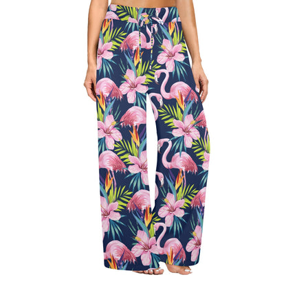 Flamingo Hibiscus Print Women's Wide Leg Lounge Pants