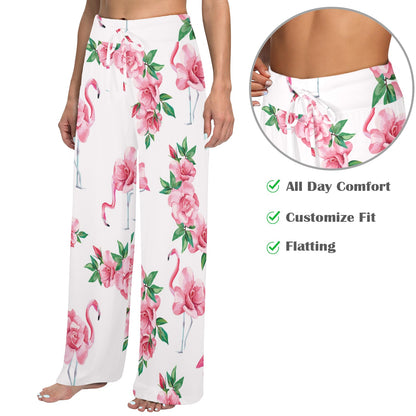 Flamingo Rose Pattern Women's Wide Leg Lounge Pants