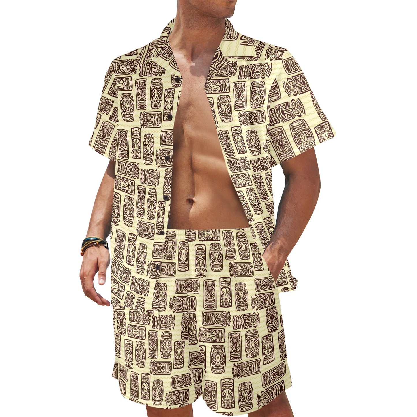 Tiki Brown Mask Print Men's Beach Shirt and Shorts Set