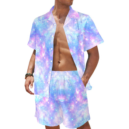 Galaxy Stardust Pastel Color Print Men's Beach Shirt and Shorts Set