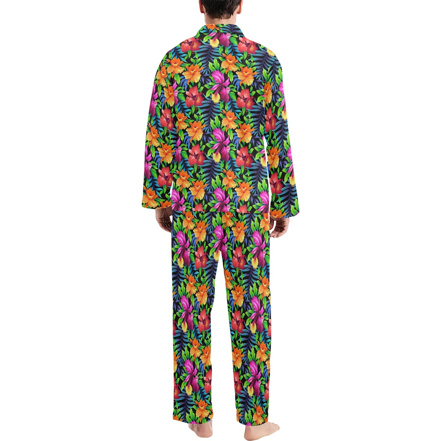 Tropical Folower Colorful Print Men's Long Pajama Set