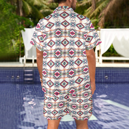 Indian Navajo Art Themed Design Print Men's Beach Shirt and Shorts Set