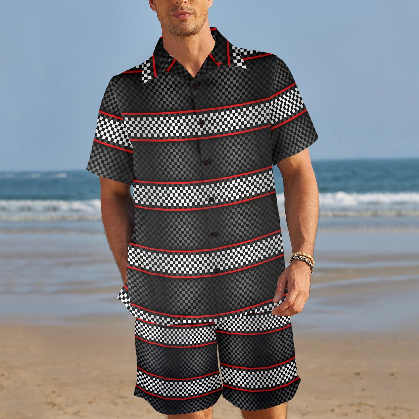 Checkered Flag Red Line Style Men's Beach Shirt and Shorts Set